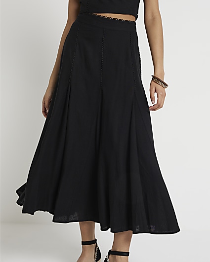 Black linen blend midi skirt