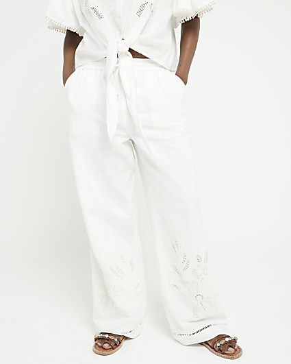 White broderie wide leg trousers