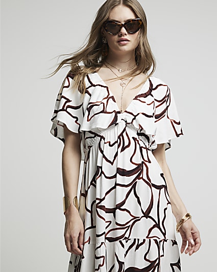 Brown abstract frill sleeve smock maxi dress