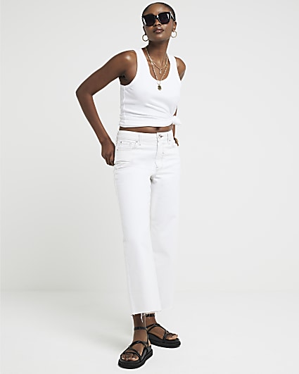 White relaxed straight fit cropped jeans