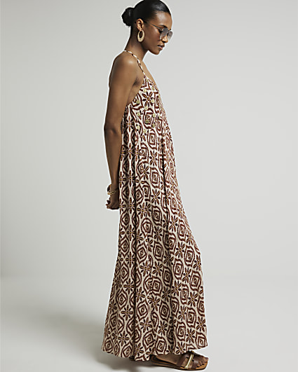 Brown embellished maxi slip dress