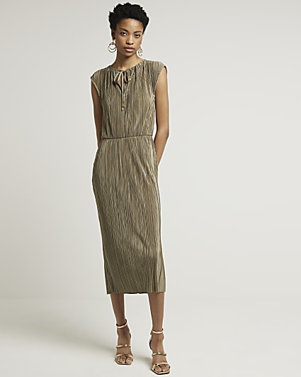 Khaki plisse elasticated shift midi dress