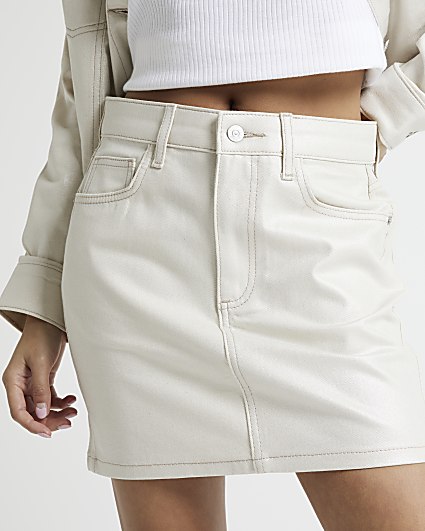 Petite beige glitter coated denim mini skirt