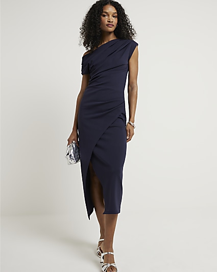 Navy drape off shoulder bodycon midi dress