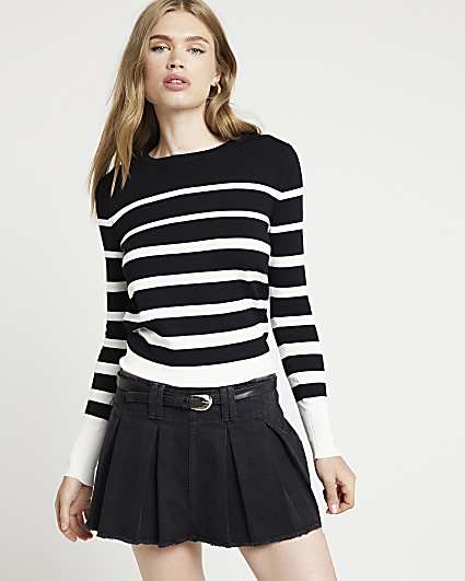 White Fine Knit Stripe Long Sleeve Top