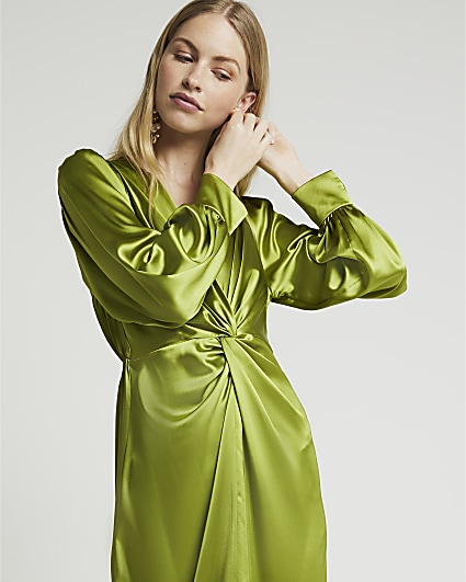 Green satin twist front shift maxi dress