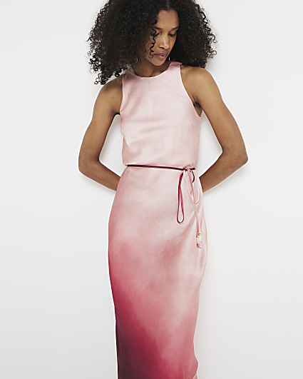 Pink belted ombre slip midi dress