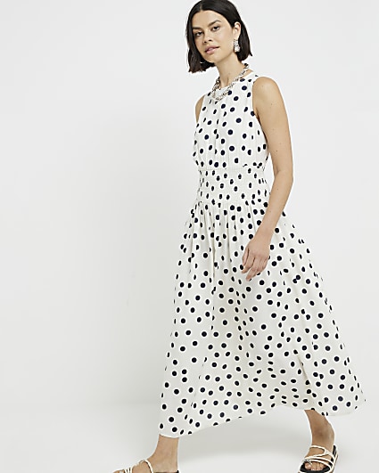 Cream linen blend spot smock midi dress