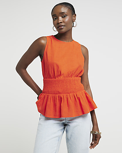 Red linen blend shirred peplum top