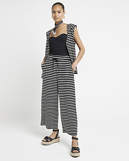 Black Textured Stripe Wide Leg Trousers