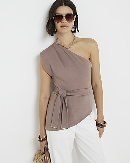 Brown Belted Asymmetric Top