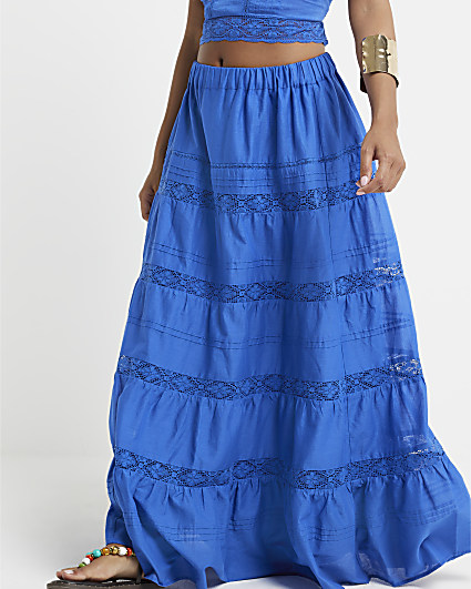 Petite blue tiered maxi skirt