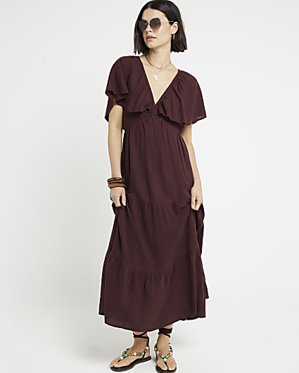 Brown fluted sleeve swing maxi dress