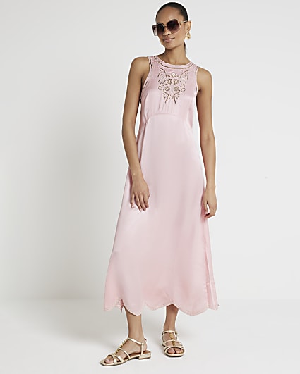 Pink broderie slip midi dress