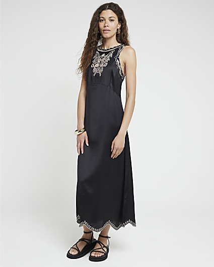 Black Embroidered Slip Midi Dress