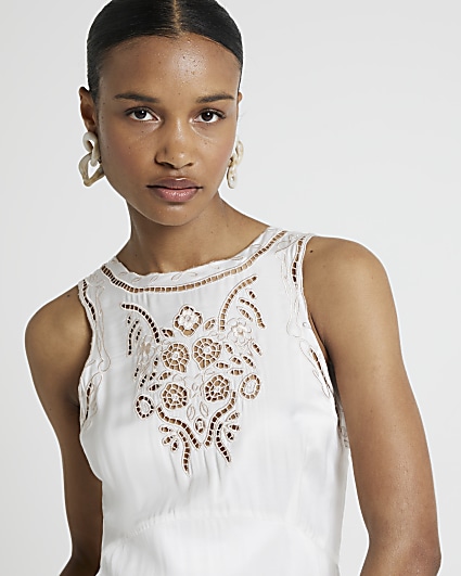 White embroidered slip midi dress