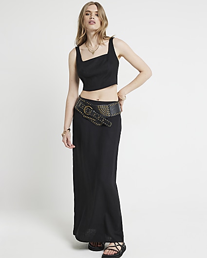 Black linen blend maxi skirt