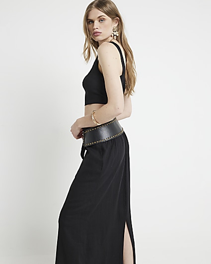 Black linen blend maxi skirt