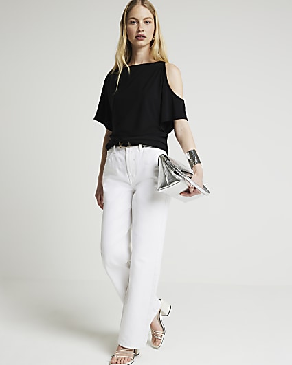 Black ruched cut out sleeve top