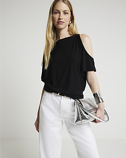 Black ruched cut out sleeve top