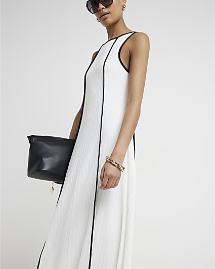 White Tipped Ribbed Maxi Swing Dress