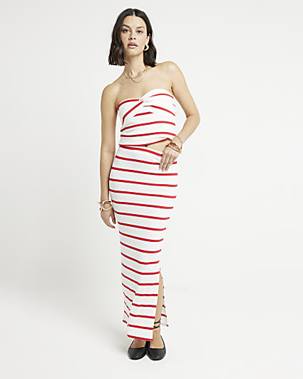 Red stripe knot front bandeau top