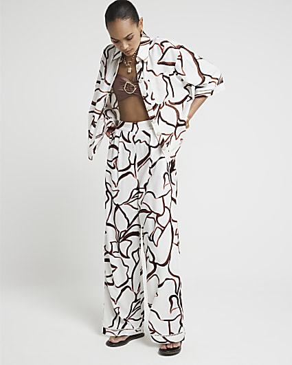 Brown abstract wide leg elasticated trousers