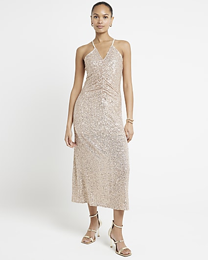 Rose gold sequin ruched slip midi dress