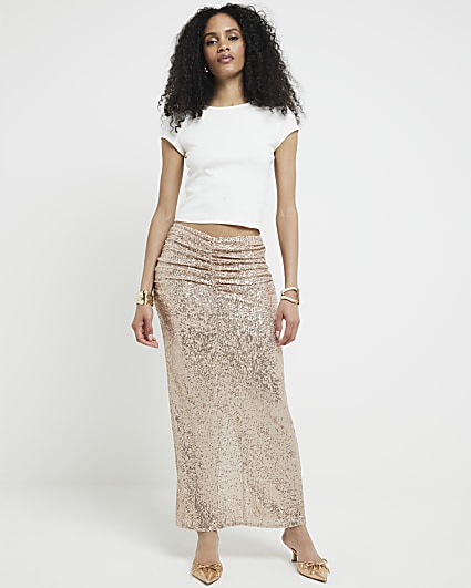 Rose ruched sequin maxi skirt