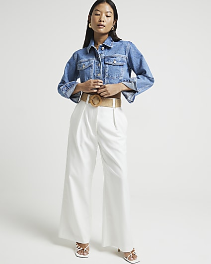 Petite White belted wide leg trousers