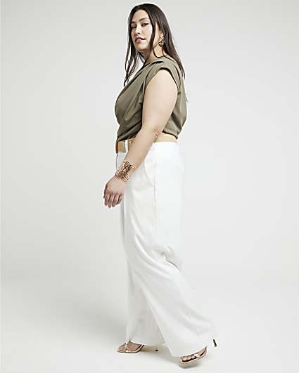 Plus White Belted Wide Leg Trousers