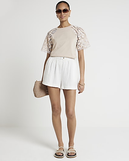 Beige Lace Sleeve T-shirt