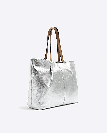 Silver metallic leather tote bag