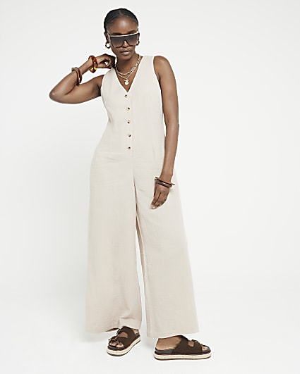 Brown Textured Button Through Jumpsuit