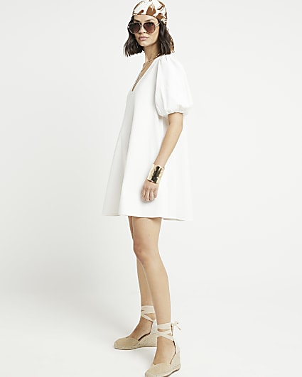 White Denim Puff Sleeve Smock Mini Dress