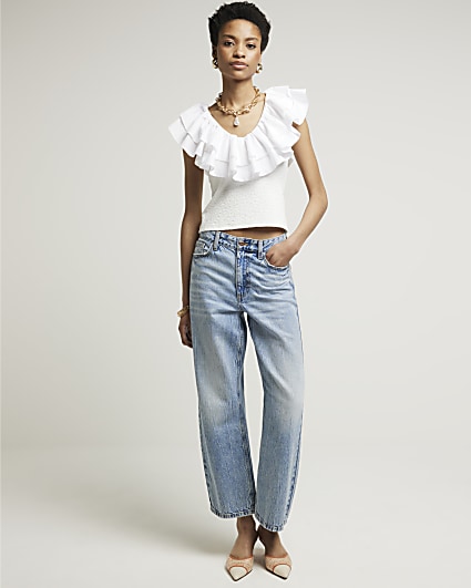 White textured frill top
