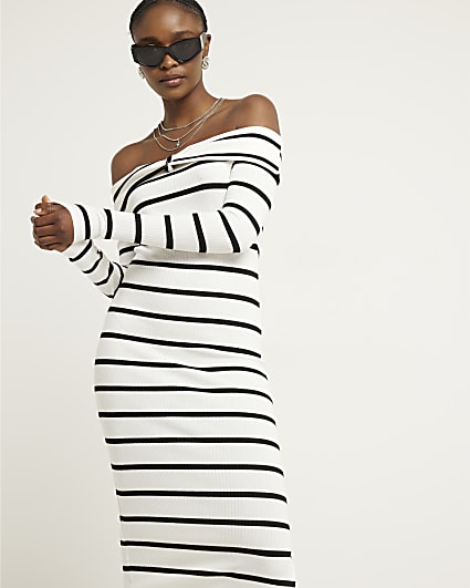 White ribbed stripe bardot bodycon midi dress