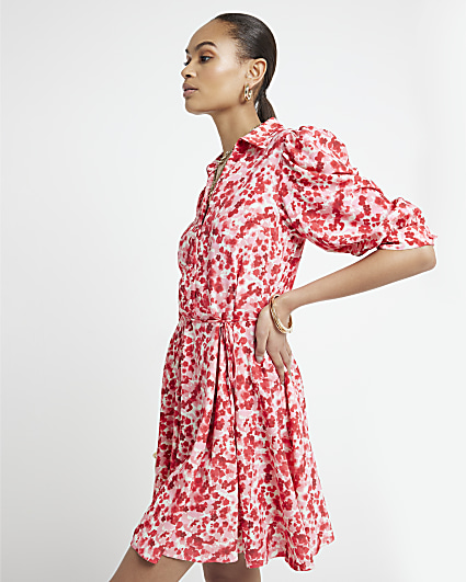 Red floral belted mini shirt dress