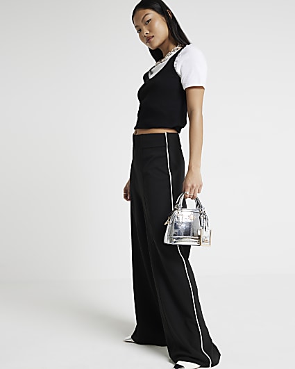 Petite Black Taped Wide Leg Trousers