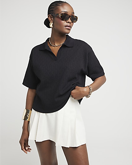 Black Oversized Crochet Polo T-Shirt