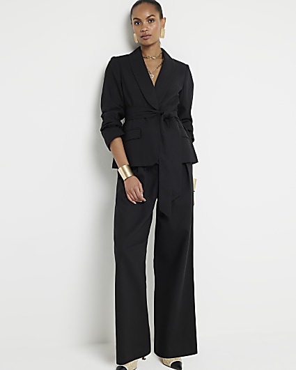 Black belted Linen blend wide leg trousers