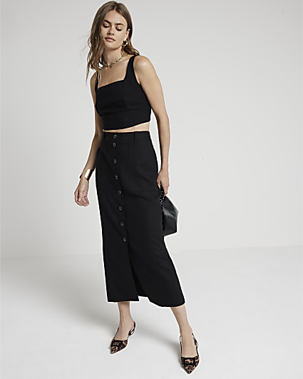 Black linen blend button up maxi skirt