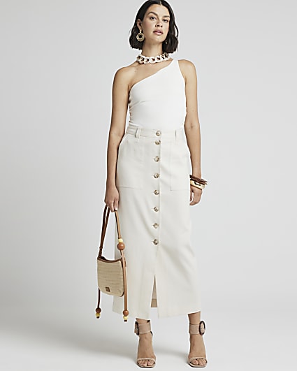 Cream linen blend button up maxi skirt