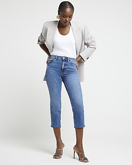 Blue high waisted cropped slim fit jeans