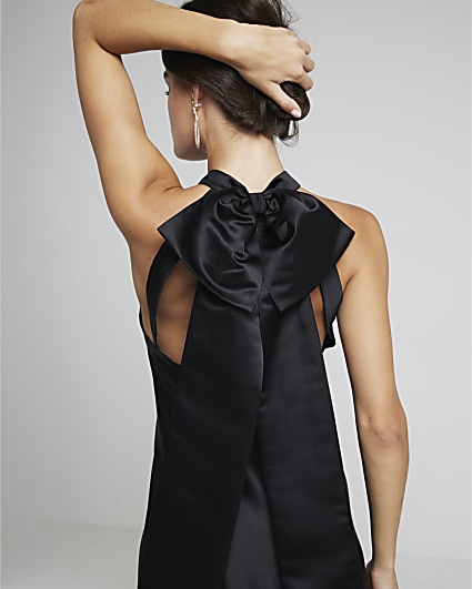 Black satin bow detail slip mini dress