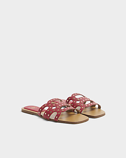 Red leather studded mule flat sandals