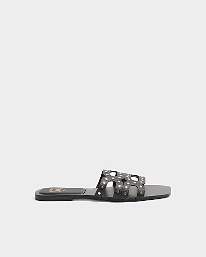 Black leather studded mule flat sandals