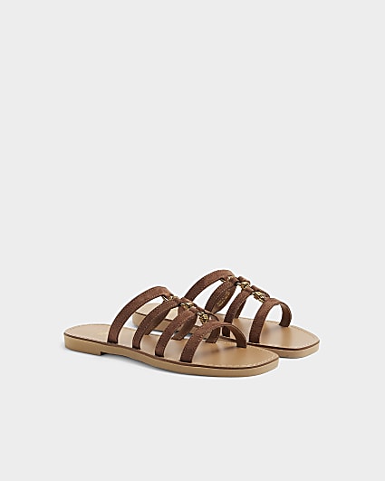 Brown suede hardware detail mule sandals