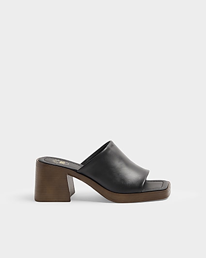Black Leather Heeled Mule Sandals