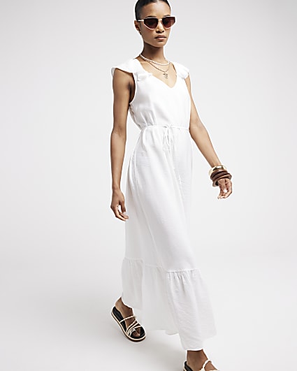 White frill sleeve swing maxi dress